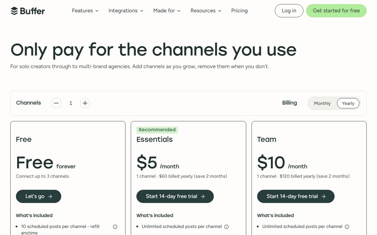 Buffer pricing page, captured October 11, 2026. Figures change; the live page is the source of truth.
