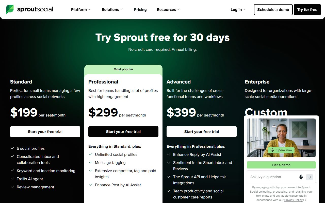 Sprout Social pricing page, captured October 13, 2026. Figures change; the live page is the source of truth.