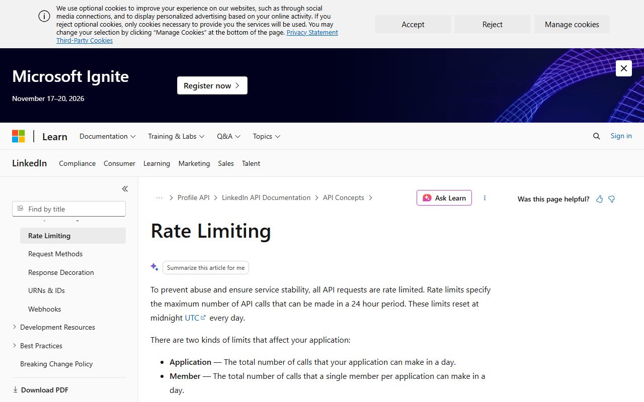 LinkedIn API rate limiting, captured October 15, 2026. Figures change; the live page is the source of truth.
