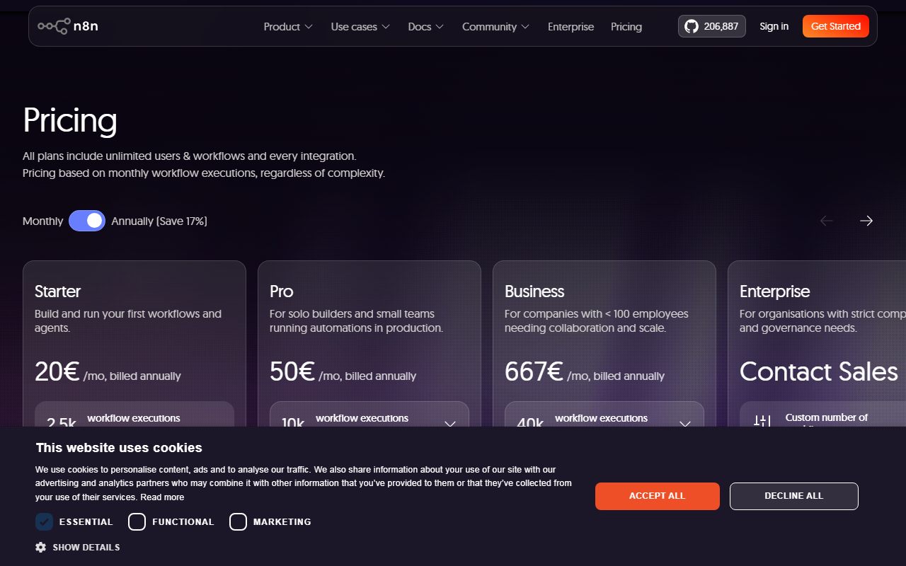 n8n pricing page, captured October 9, 2026. Figures change; the live page is the source of truth.