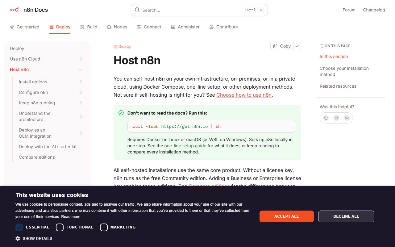 n8n docs - Self-hosting n8n, captured October 9, 2026. Figures change; the live page is the source of truth.