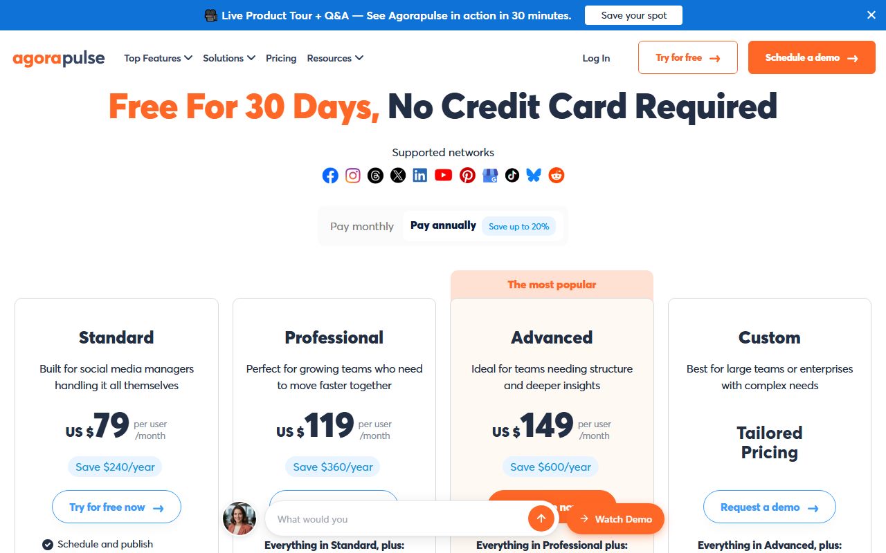 Agorapulse pricing page and feature table, captured October 16, 2026. Figures change; the live page is the source of truth.