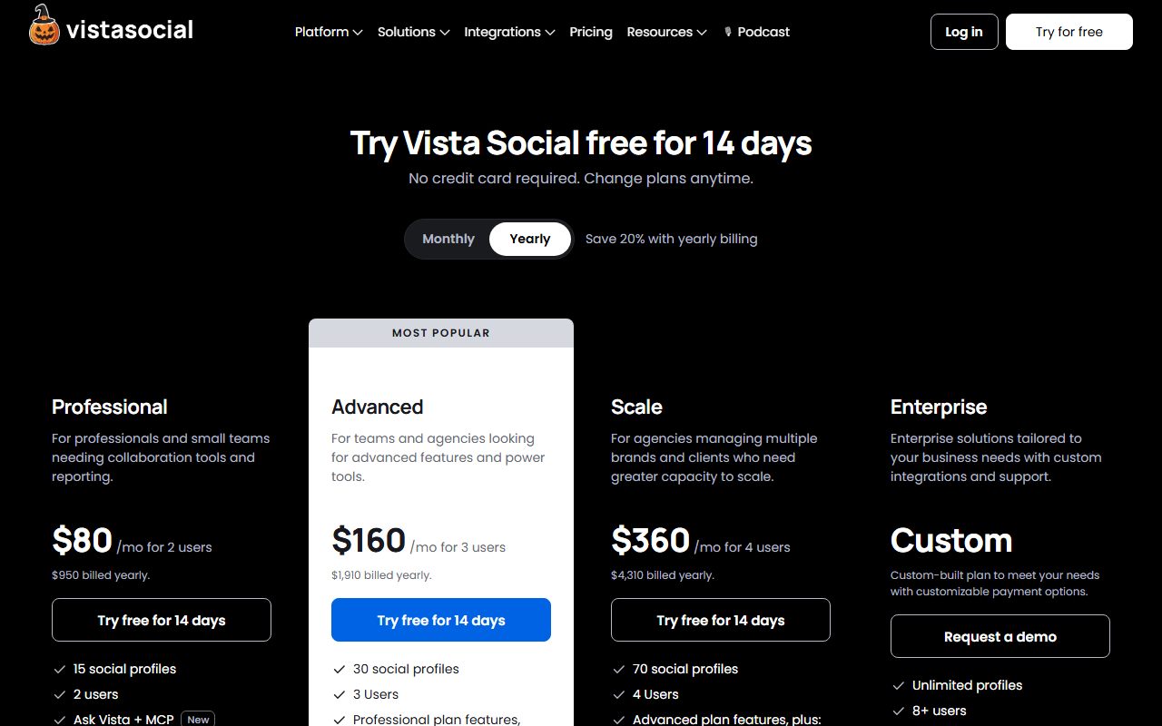 Vista Social pricing page, captured October 26, 2026. Figures change; the live page is the source of truth.