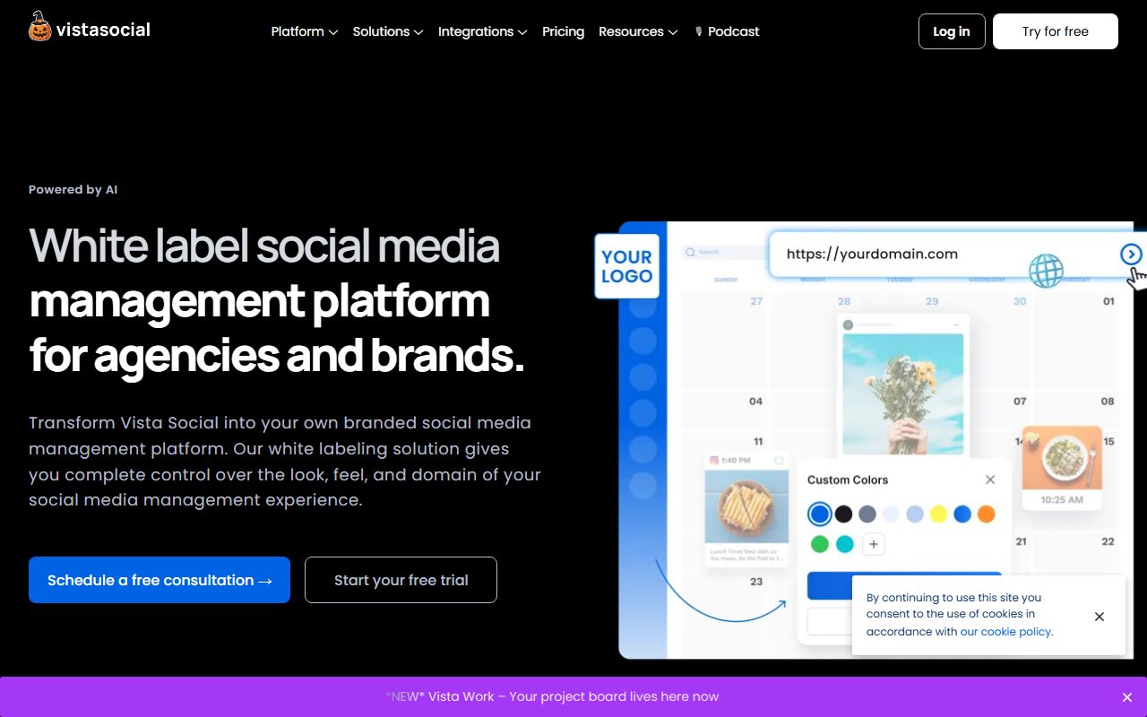 Vista Social white label page and FAQ, captured October 26, 2026. Figures change; the live page is the source of truth.