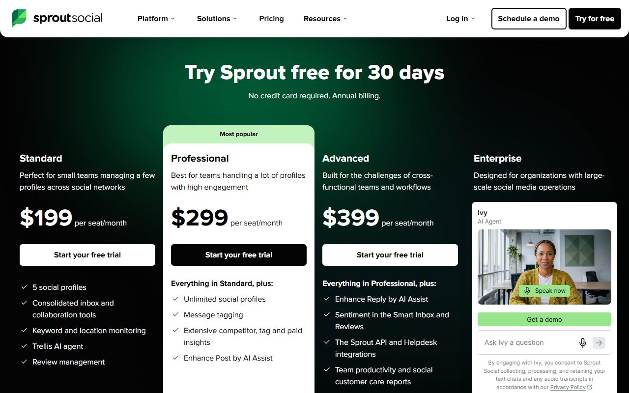 Sprout Social pricing page and plan overview, captured October 20, 2026. Figures change; the live page is the source of truth.