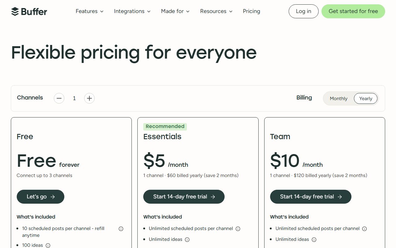 Buffer pricing page, captured October 27, 2026. Figures change; the live page is the source of truth.